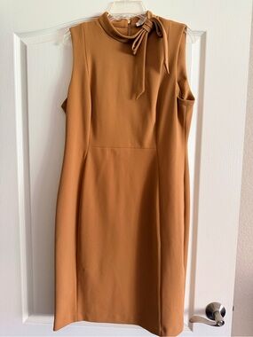 Calvin Klein Sleeveless Tie-Detail Mini Dress in Camel